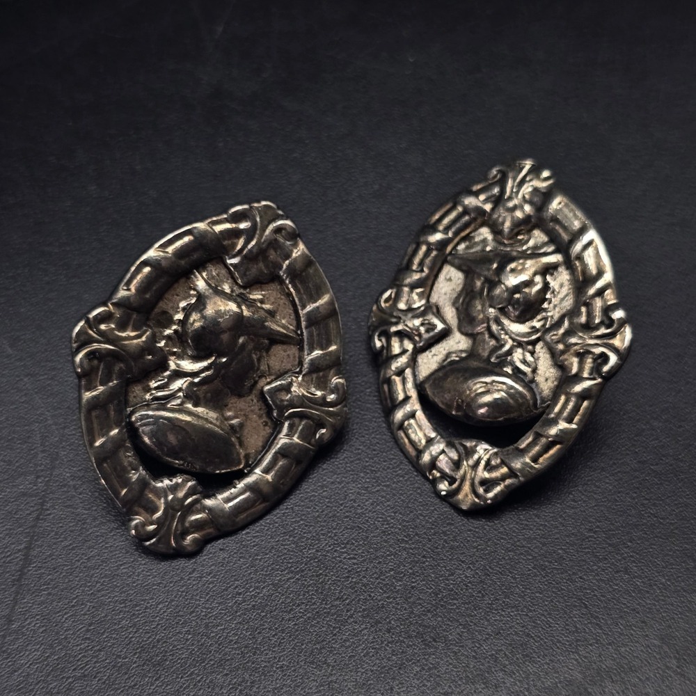 Roman Greek Warrior Silver Tone Earrings Oval Vintage Costume Jewelry